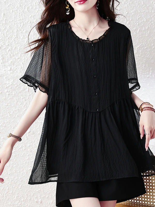 Black Chiffon Loose Short Sleeve Top Women's Summer Fashion Slimming Design Double Layered Comfortable Breathable Casual Shirt
Black Chiffon Loose Short Sleeve Top Women's Summer Fashion Slimming Design Double Layered Comfortable Breathable Casual Shirt