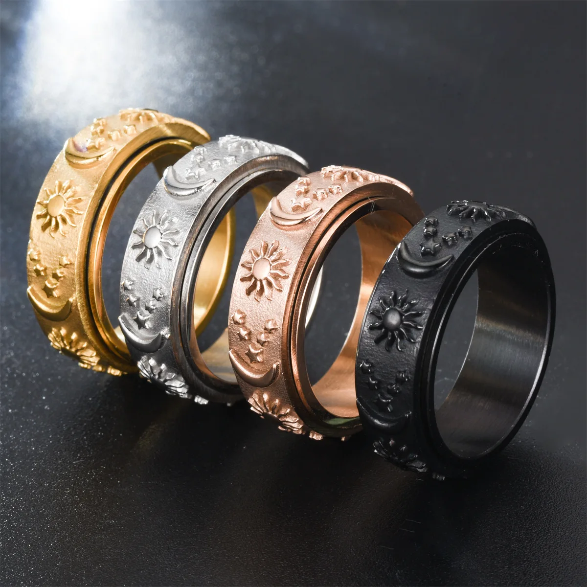 Star Moon Sun Rotating Titanium Steel Ring Unisex Bohemian Stainless Steel Ring Relief Anxiety Women Charm Jewelry Wholesale
Star Moon Sun Rotating Titanium Steel Ring Unisex Bohemian Stainless Steel Ring Relief Anxiety Women Charm Jewelry Wholesale