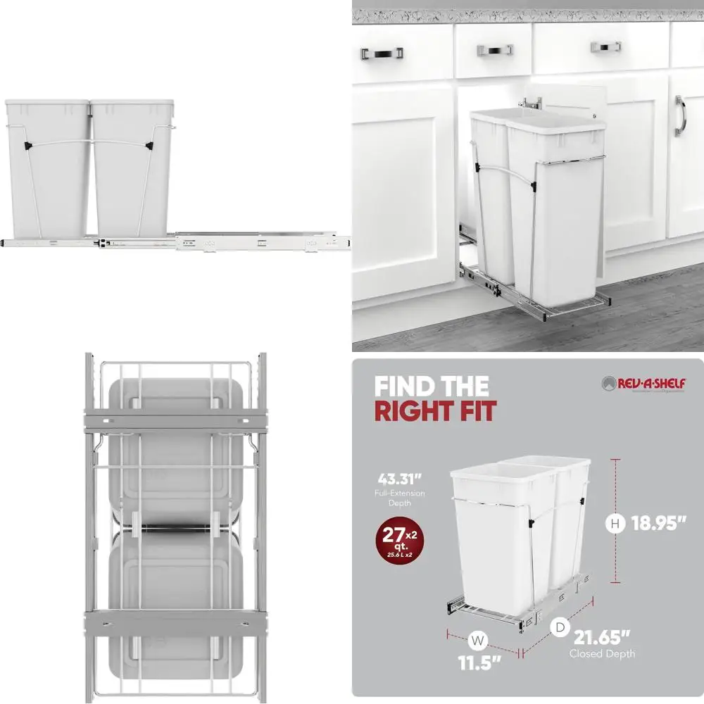 Kitchen Cabinet-Mounted 27 Qt Pullout Trash Bin with Extension Slides, White
Kitchen Cabinet-Mounted 27 Qt Pullout Trash Bin with Extension Slides, White