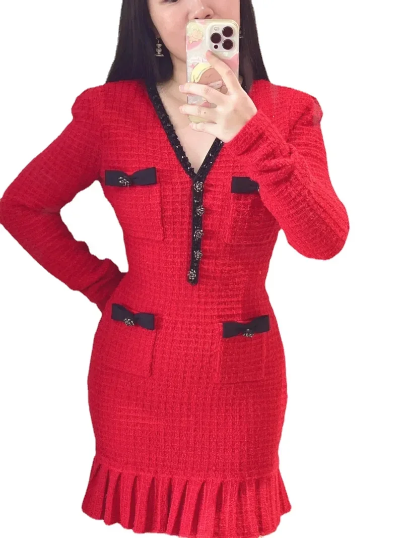 Women Red Bow Long Sleeve Dress V Neck Knitted Slim Elegant Evening Birthday Party Mini Dress Women
Women Red Bow Long Sleeve Dress V Neck Knitted Slim Elegant Evening Birthday Party Mini Dress Women