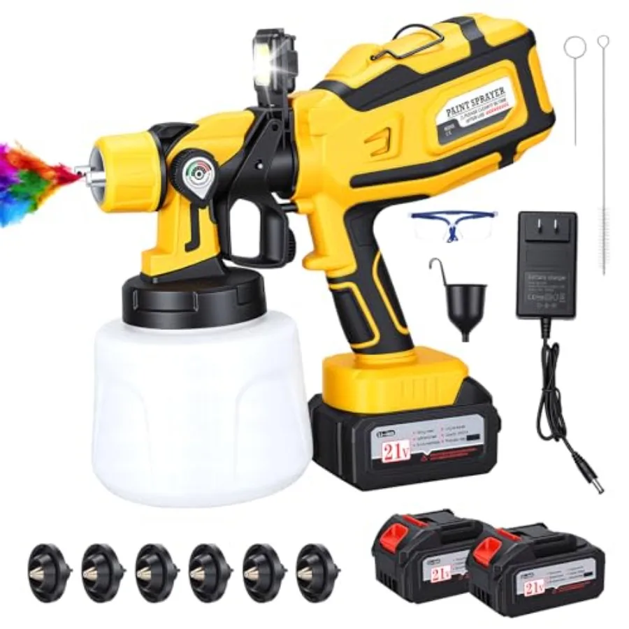 Cordless Paint Sprayer with 2 Batteries 4.0Ah 21V: Electric Paint Gun with High-Power Copper Motor - 6 Brass Nozzles and 3 Spra
Cordless Paint Sprayer with 2 Batteries 4.0Ah 21V: Electric Paint Gun with High-Power Copper Motor - 6 Brass Nozzles and 3 Spra