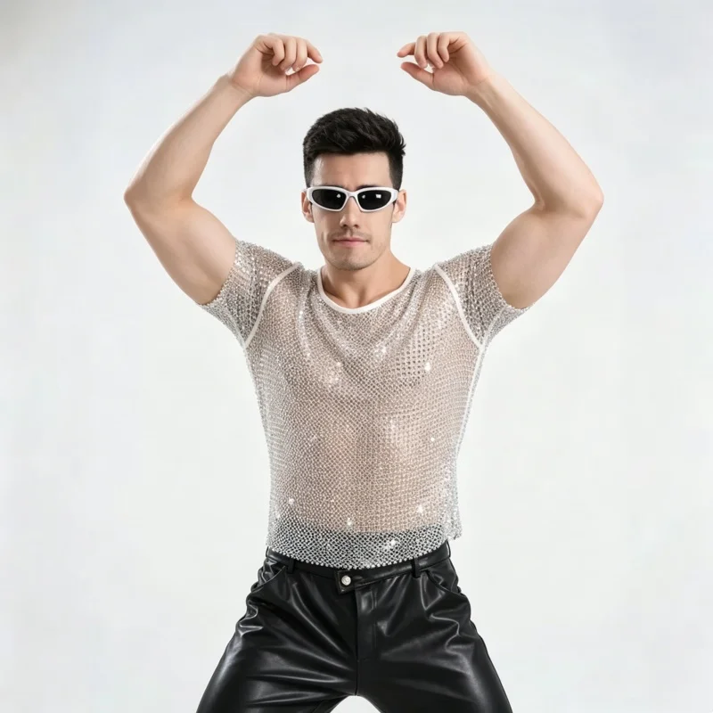 Men's Shiny Rhinestones Fishnet Top Glitter Crystal Mesh Short Sleeve Transparent T-shirt for Club Party Concert Performance
Men's Shiny Rhinestones Fishnet Top Glitter Crystal Mesh Short Sleeve Transparent T-shirt for Club Party Concert Performance