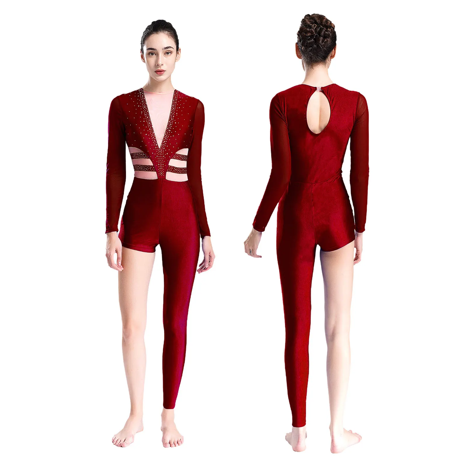 Womens Rhinestone Sheer Mesh Jumpsuit Asymmetrical Leg Cutout Waist Keyhole Back Long Sleeve for Gymnastics Dance Performance 
Womens Rhinestone Sheer Mesh Jumpsuit Asymmetrical Leg Cutout Waist Keyhole Back Long Sleeve for Gymnastics Dance Performance