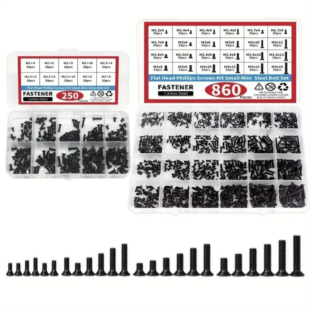 250/860pcs Small Precision Computer Screw Kit – Black Micro Eyeglass Screws in M1.2/1.4/1.7/2/2.3 Sizes for Electronics Repairs
250/860pcs Small Precision Computer Screw Kit – Black Micro Eyeglass Screws in M1.2/1.4/1.7/2/2.3 Sizes for Electronics Repairs