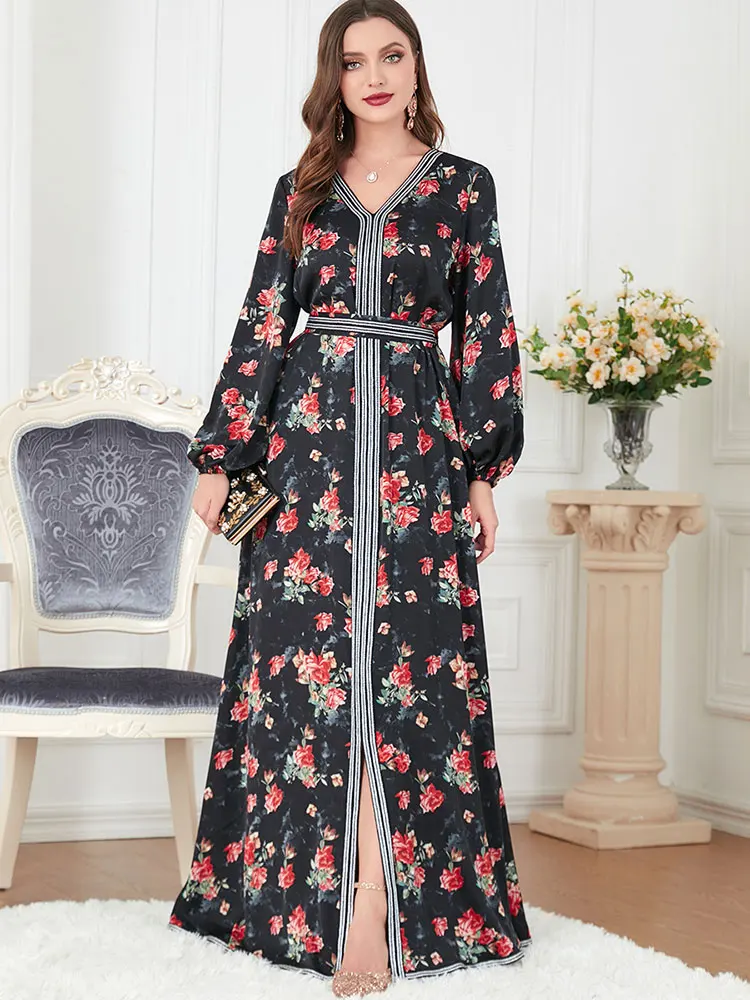 Floral Print Kaftan Arabic Long Dress Women Belted Elastic Cuff Moroccan Kaftan Eid Muslim Dresses Dubai Turkish Abaya Black
Floral Print Kaftan Arabic Long Dress Women Belted Elastic Cuff Moroccan Kaftan Eid Muslim Dresses Dubai Turkish Abaya Black