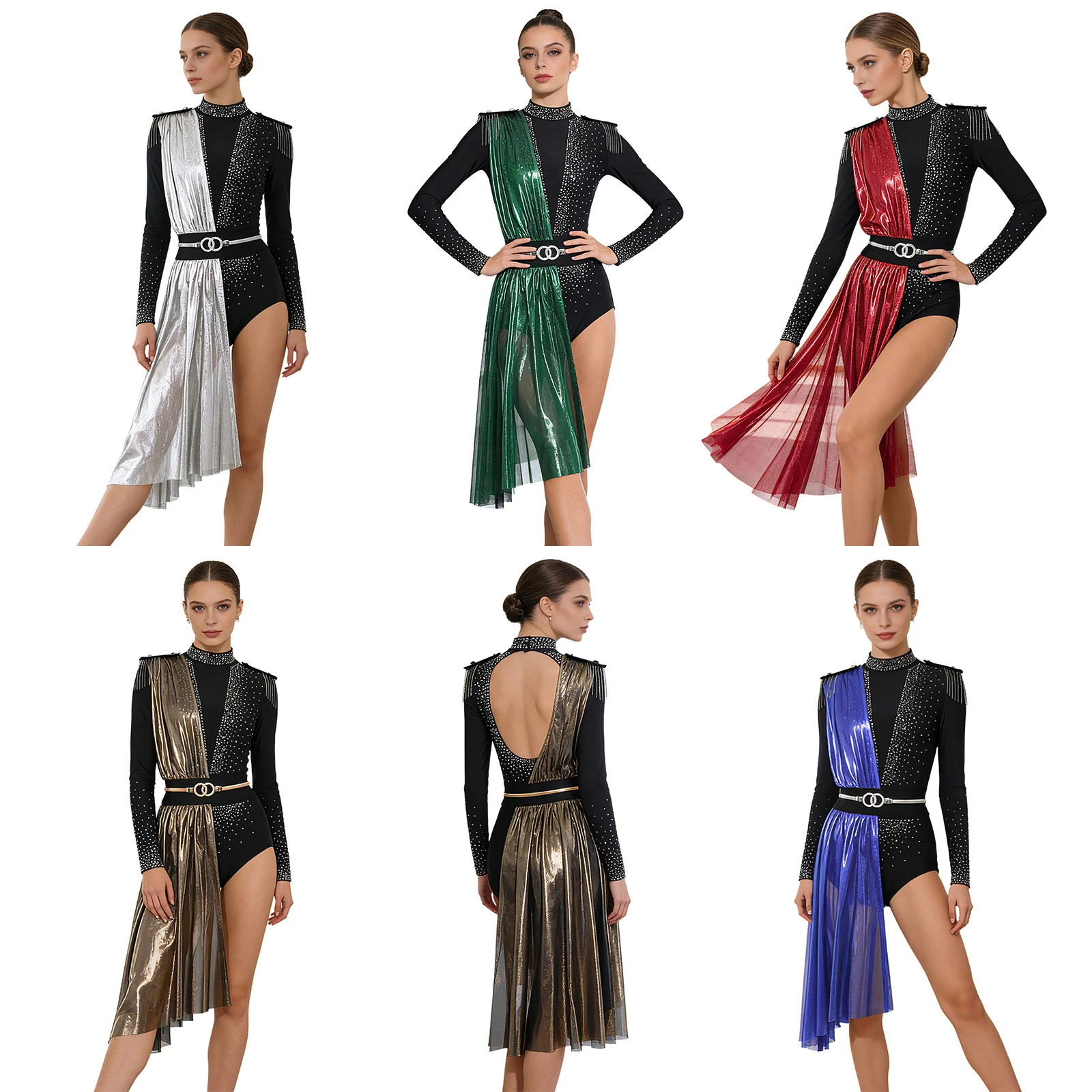 Women Modern Lyrical Dance Skating Gymnastics Performance Costume Rhinestone Metallic Shiny Bodysuit Dress with Belt Dancewear
Women Modern Lyrical Dance Skating Gymnastics Performance Costume Rhinestone Metallic Shiny Bodysuit Dress with Belt Dancewear