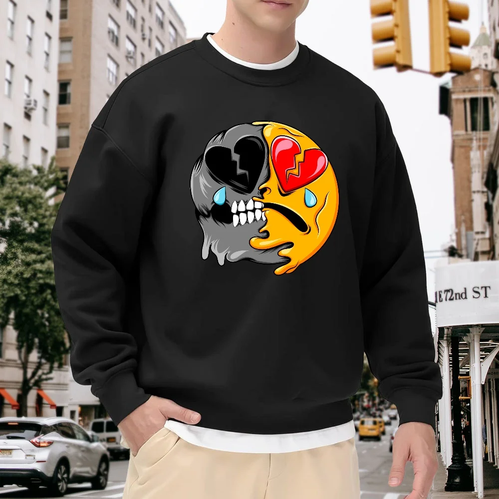 Men's Black Crew Neck Pullover Sweatshirt with Fun Heartbroken Expression Print, Loose Fit Street Style Top, Everyday Casual Versatile Trendy Item, Comfortable, Breathable, and Non-Shrinking
Men's Black Crew Neck Pullover Sweatshirt with Fun Heartbroken Expression Print, Loose Fit Street Style Top, Everyday Casual Versatile Trendy Item, Comfortable, Breathable, and Non-Shrinking