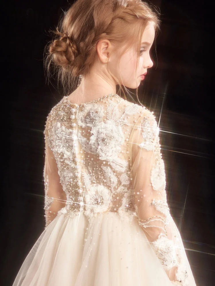 Custom Flower Girl Dress Wedding Dress First Christmas Party Kids Long Sleeve Sheer Back Beaded Floral Lace Tulle Ball Gown Form
Custom Flower Girl Dress Wedding Dress First Christmas Party Kids Long Sleeve Sheer Back Beaded Floral Lace Tulle Ball Gown Form