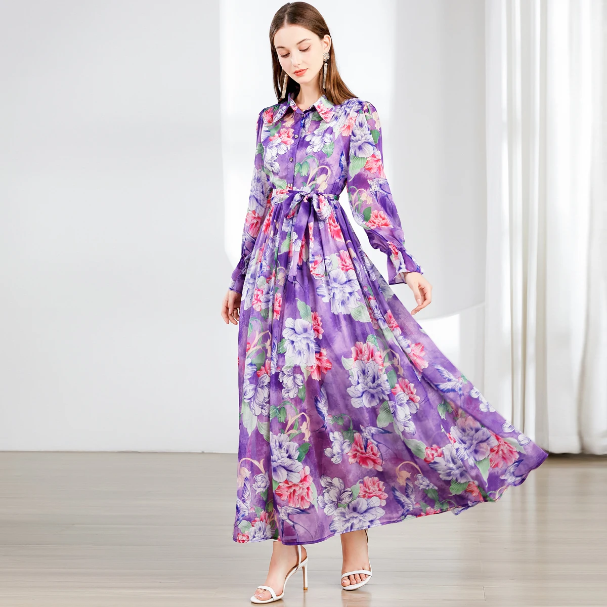 Runway Designer Floral Print Long Sleeve Maxi Dress Purple Women Turn Down Collar Single Breasted Holiday Casual Dresses Female
Runway Designer Floral Print Long Sleeve Maxi Dress Purple Women Turn Down Collar Single Breasted Holiday Casual Dresses Female