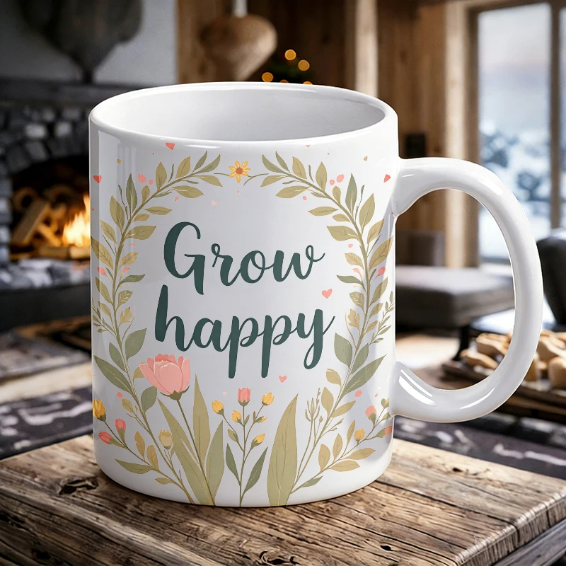 'Grow Happy' Spring Flower Wreath Ceramic Cup, Creative Coffee Cup, Milk Cup, Office Tea Cup, Drinking Cup, Fade-Resistant
'Grow Happy' Spring Flower Wreath Ceramic Cup, Creative Coffee Cup, Milk Cup, Office Tea Cup, Drinking Cup, Fade-Resistant