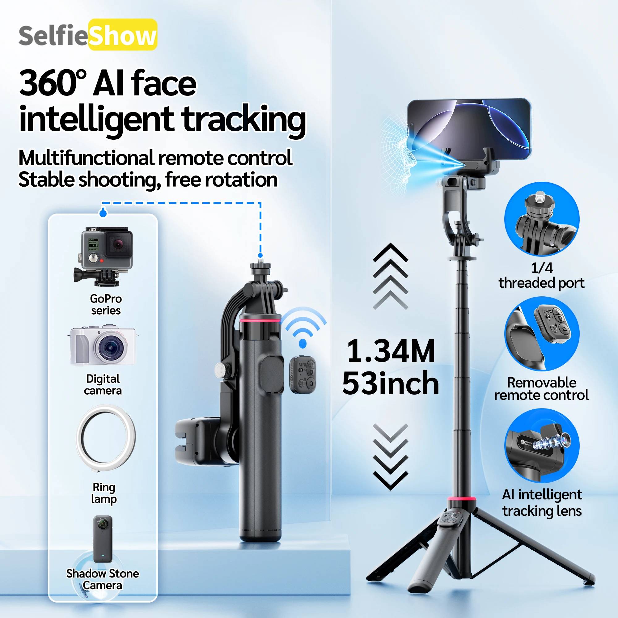 Selfieshow C22 AI Tracking Deskpot Gimbal 360° Rotational Shoot Tripod Extendable Selfie Stick Wireless Remote for Vlog
Selfieshow C22 AI Tracking Deskpot Gimbal 360° Rotational Shoot Tripod Extendable Selfie Stick Wireless Remote for Vlog