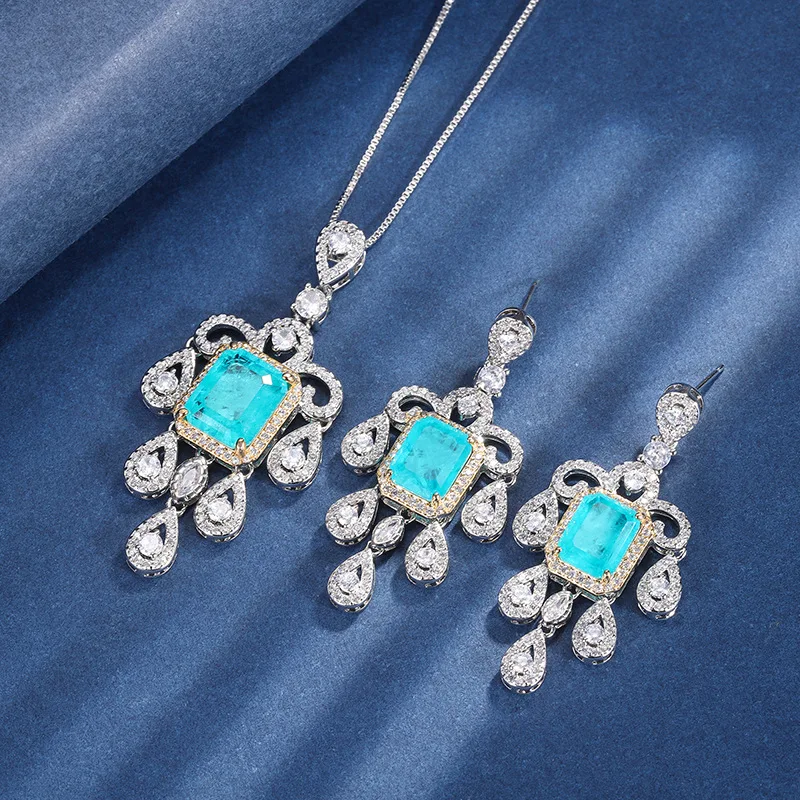 New European and American fashion blue square earrings and pendant two-piece set for women
New European and American fashion blue square earrings and pendant two-piece set for women