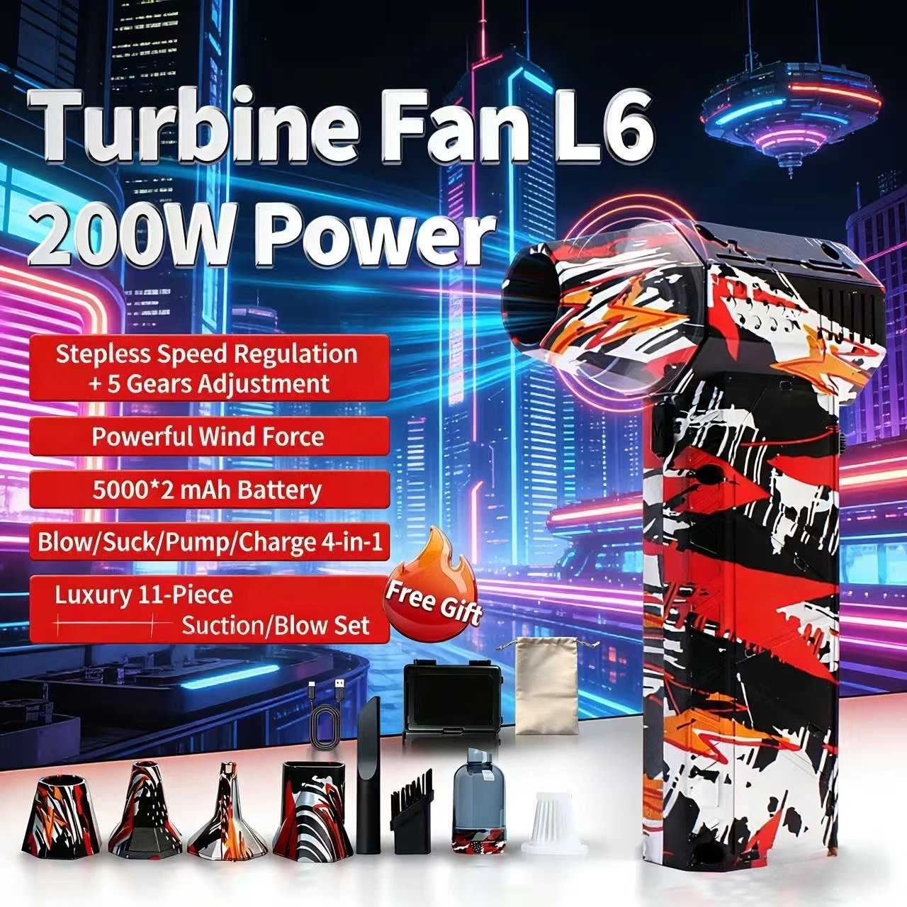 L6 Powerful Hair Dryer, 200,000 RPM, Wind Speed 53m/s, Brushless Motor, Rechargeable,Hurricane fan,vacuum cleaning installation.
L6 Powerful Hair Dryer, 200,000 RPM, Wind Speed 53m/s, Brushless Motor, Rechargeable,Hurricane fan,vacuum cleaning installation.