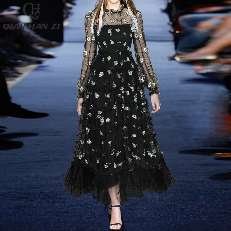 Qian Han Zi Designer Fashion Summer Lace long dress vintage mesh embroidered ruffles Slim maxi dress for women long sleeves
Qian Han Zi Designer Fashion Summer Lace long dress vintage mesh embroidered ruffles Slim maxi dress for women long sleeves