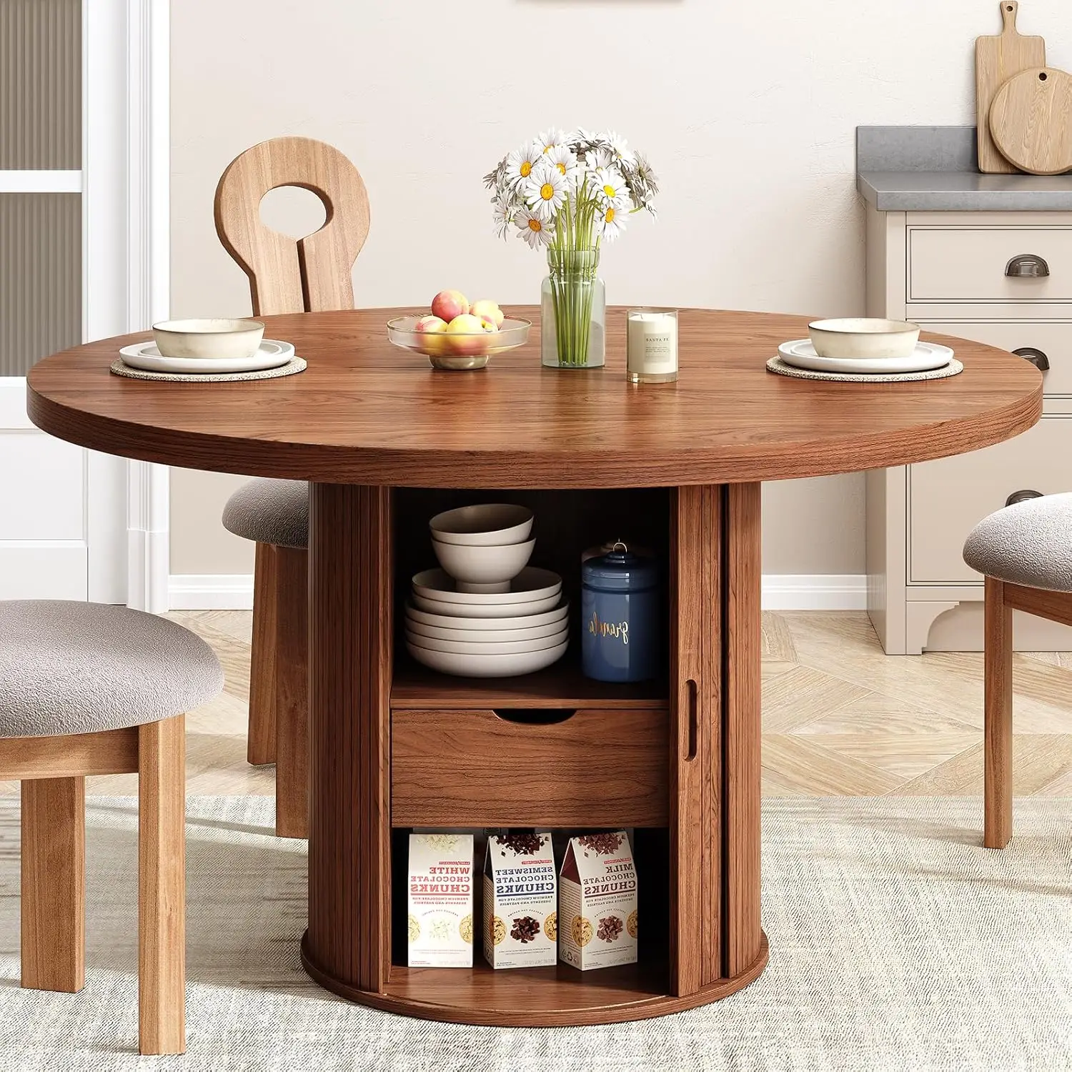 47 inch Round Dining Table for 4, Circle Kitchen Table with 2-Layer Storage Shelf and a Drawer, Modern Farmhouse Dinner Tables w
47 inch Round Dining Table for 4, Circle Kitchen Table with 2-Layer Storage Shelf and a Drawer, Modern Farmhouse Dinner Tables w