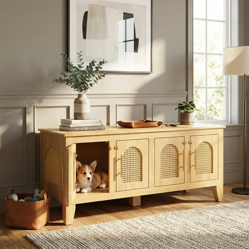 Lars Indoor Rattan-Style Rubber Wood Dog Crate with Storage and 4 Doors – Modern Pet Cabinet for Living Room
Lars Indoor Rattan-Style Rubber Wood Dog Crate with Storage and 4 Doors – Modern Pet Cabinet for Living Room