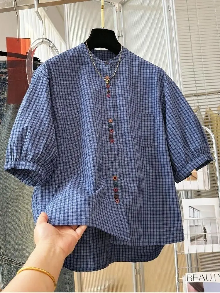 Summer New Arrival Women Korean Vintage Small Plaid Stand Collar Short Sleeve Shirt Pure Cotton Casual Elegant Blouse Tops
Summer New Arrival Women Korean Vintage Small Plaid Stand Collar Short Sleeve Shirt Pure Cotton Casual Elegant Blouse Tops