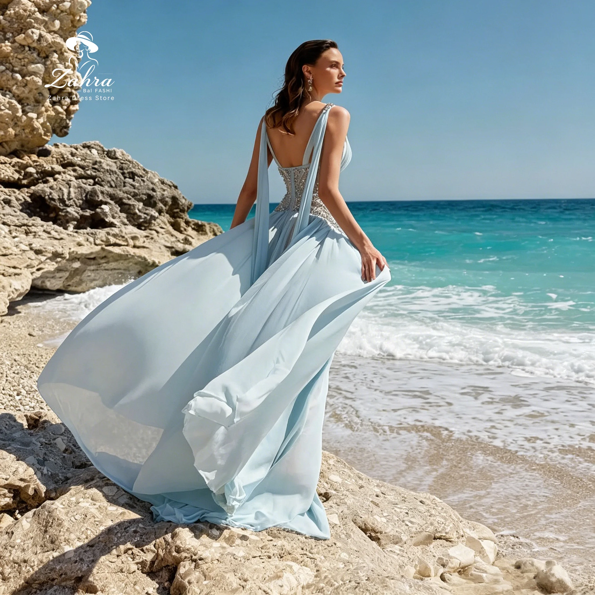 Blue Sleeveless Deep V Resort Evening Prom Dresses Crystal Beaded Waist Evening Dresses High-Waisted Flowy Chiffon Skirt Party G
Blue Sleeveless Deep V Resort Evening Prom Dresses Crystal Beaded Waist Evening Dresses High-Waisted Flowy Chiffon Skirt Party G