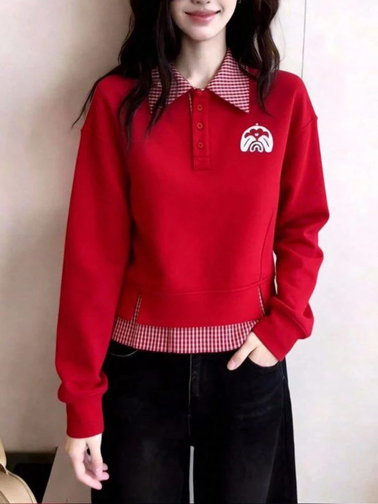 Red Collar Sweatshirt Korean Style Fake Two-Piece Winter New Year's Fashion Anti-Aging Women's Spring 2026 New Arrival
Red Collar Sweatshirt Korean Style Fake Two-Piece Winter New Year's Fashion Anti-Aging Women's Spring 2026 New Arrival