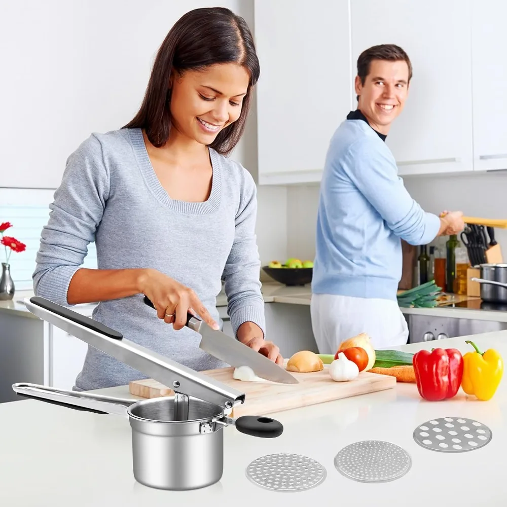 Ручной ручной пресс для картофеля из нержавеющей стали, соковыжималка, силиконовая ручка с 3 сменными дисками, машина для приготовления картофеля 
Ручной ручной пресс для картофеля из нержавеющей стали, соковыжималка, силиконовая ручка с 3 сменными дисками, машина для приготовления картофеля