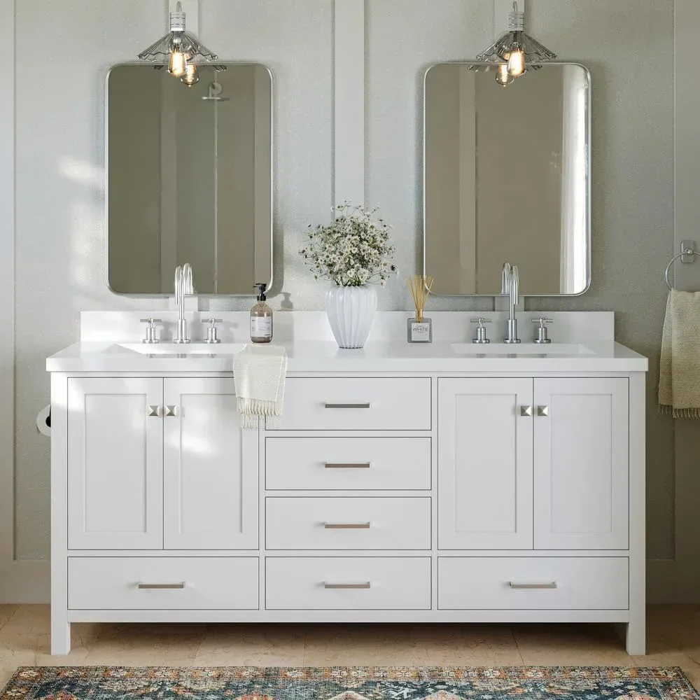 Double Bathroom Vanity 73" with 1.5" Edge Pure White Quartz Countertop & Splashes, Center Rectangular Sinks
Double Bathroom Vanity 73" with 1.5" Edge Pure White Quartz Countertop & Splashes, Center Rectangular Sinks