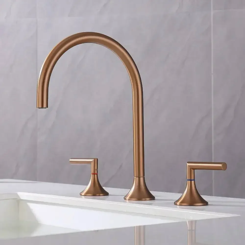 Brushed Rose Gold Brass Bathroom Basin Faucet Hot Cold Water Mixer Tap Double Handle 3 Hole Rotating Widespread Basin Tap
Brushed Rose Gold Brass Bathroom Basin Faucet Hot Cold Water Mixer Tap Double Handle 3 Hole Rotating Widespread Basin Tap