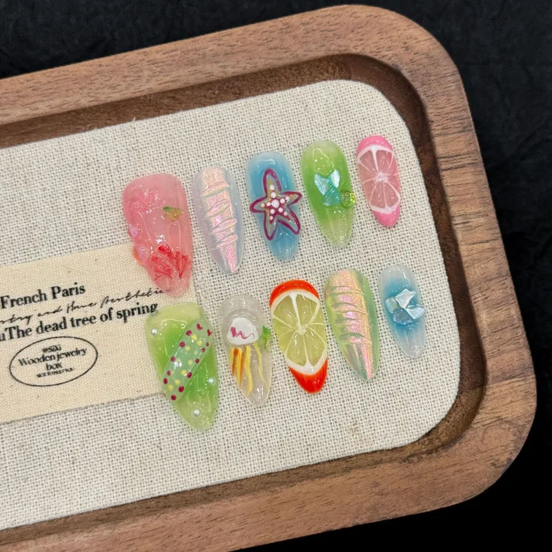 10pcs Handmade Dopamine Press on Nails Summer Beach Fruit Design Fake Nails Wearable INS Style Almond False Nail Tips For Girls
10pcs Handmade Dopamine Press on Nails Summer Beach Fruit Design Fake Nails Wearable INS Style Almond False Nail Tips For Girls