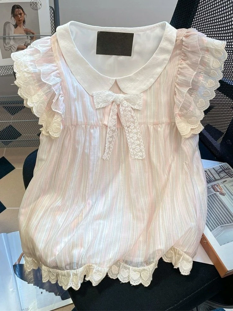 Zoki Women Cute Striped Shirt Vintage Sweet Lace Bow Flying Sleeve Kawaii Blouse Casual Summer Peter Pan Collar Lady Design Tops
Zoki Women Cute Striped Shirt Vintage Sweet Lace Bow Flying Sleeve Kawaii Blouse Casual Summer Peter Pan Collar Lady Design Tops