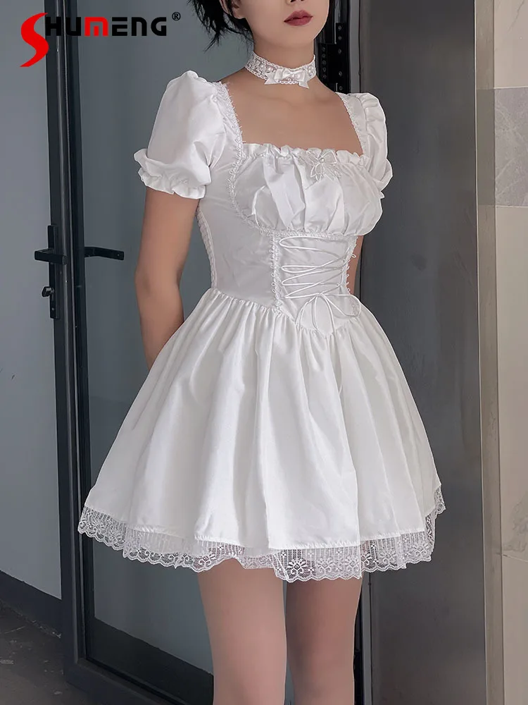 French Elegant Ballet Princess Dresses Square Neck Bubble Sleeves High Waist Lace-up Slim A-line Sweet Short Dress Women Summer 
French Elegant Ballet Princess Dresses Square Neck Bubble Sleeves High Waist Lace-up Slim A-line Sweet Short Dress Women Summer