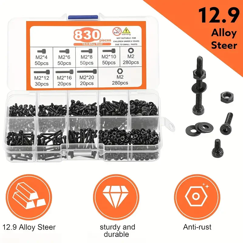 830pcs M2 bolt kit - M2 (4-20mm) machine screw kit, 12.9 alloy steel black galvanized hex head screw nut and washer kit
830pcs M2 bolt kit - M2 (4-20mm) machine screw kit, 12.9 alloy steel black galvanized hex head screw nut and washer kit