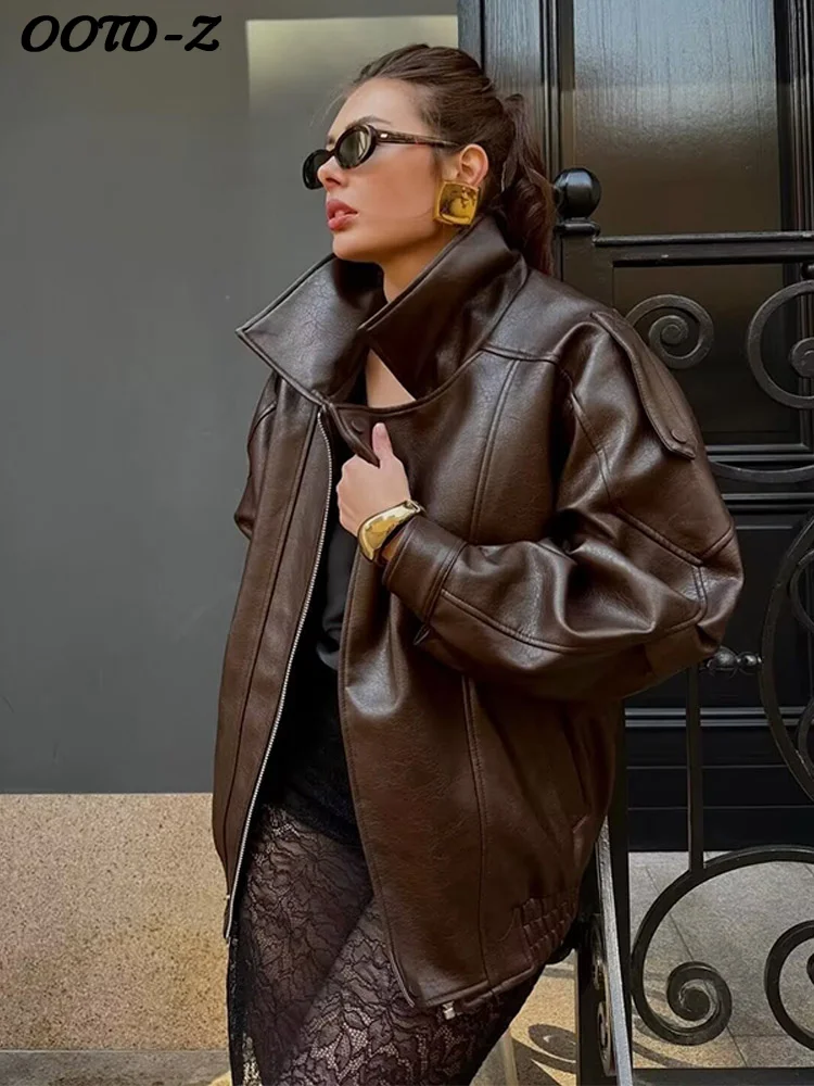 Elegant Pu Leather Jacket Women Street Stand Collar Long Sleeve Zippers Pocket Loose Coat Female Autumn Winter Chic Lady Outwear
Elegant Pu Leather Jacket Women Street Stand Collar Long Sleeve Zippers Pocket Loose Coat Female Autumn Winter Chic Lady Outwear