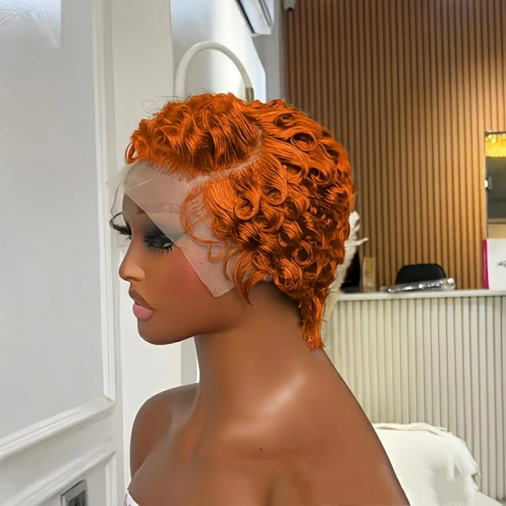 #350 Orange Chioma Curl Wavy Pixie Cut Remy Human Hair 13x4 Transparent Lace Wig
#350 Orange Chioma Curl Wavy Pixie Cut Remy Human Hair 13x4 Transparent Lace Wig