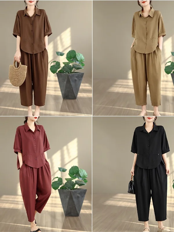 Casual Loose Women's Summer Shirt Pants Set Elastic Waist Harlan Two-Piece Set Lightweight Short Sleeve Collar Loose Fit
Casual Loose Women's Summer Shirt Pants Set Elastic Waist Harlan Two-Piece Set Lightweight Short Sleeve Collar Loose Fit