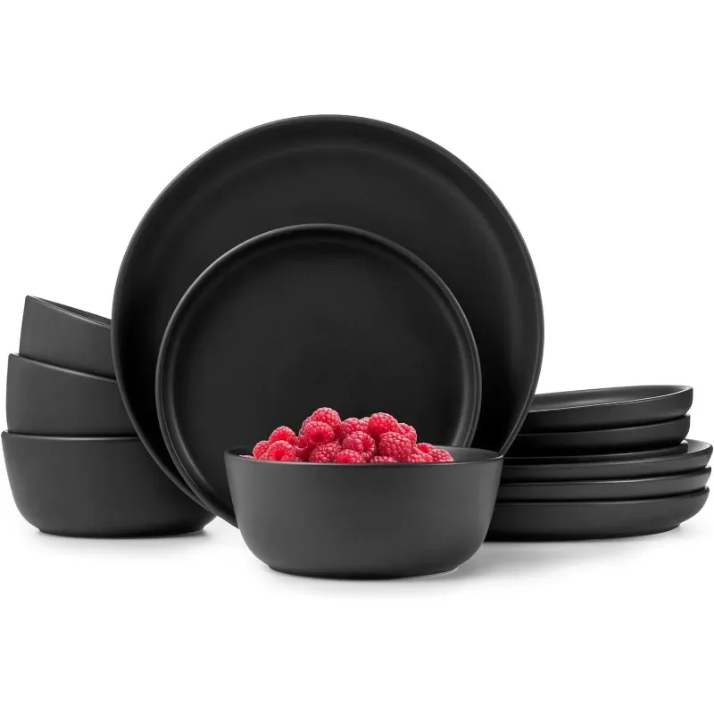 Dinnerware Sets, Stoneware Dinnerware Sets, Plates and Bowls Sets, Dishes, 12-Piece Service for 4, Matte Black
Dinnerware Sets, Stoneware Dinnerware Sets, Plates and Bowls Sets, Dishes, 12-Piece Service for 4, Matte Black