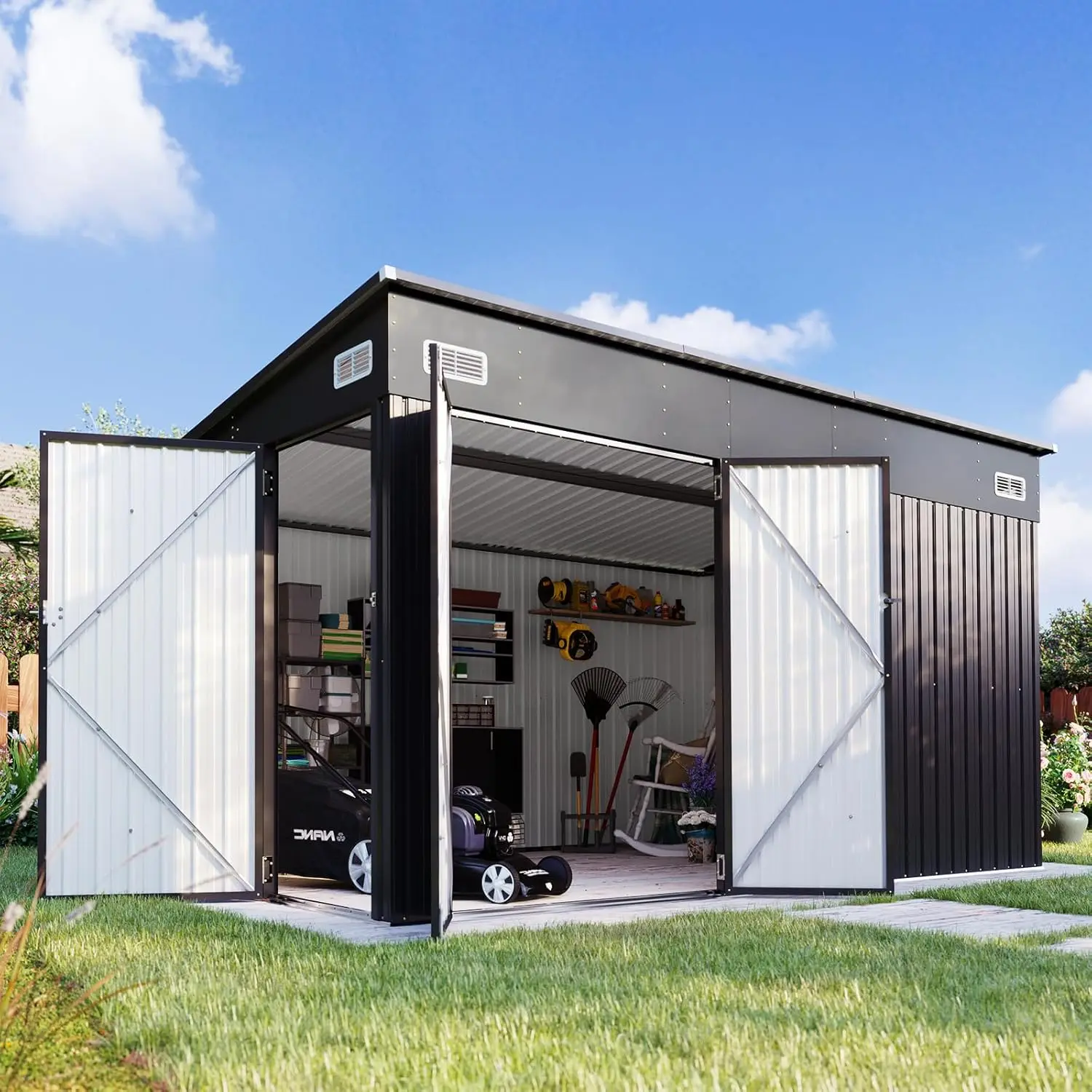11.5’x7.5 Shed Outdoor Storage Shed with Triple Lockable Door Metal Storage Cabinet with Slopping Roof
11.5’x7.5 Shed Outdoor Storage Shed with Triple Lockable Door Metal Storage Cabinet with Slopping Roof