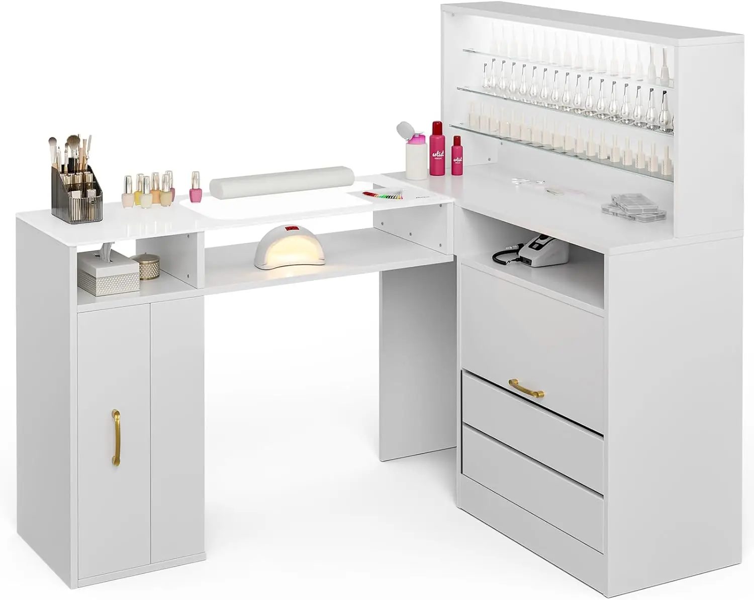 Manicure Table with LED Light, L-Shaped Glass Top Nail Tech Table w/2 Storage Shelves, Upwards Cabinet Door, Corner Nail Statio
Manicure Table with LED Light, L-Shaped Glass Top Nail Tech Table w/2 Storage Shelves, Upwards Cabinet Door, Corner Nail Statio