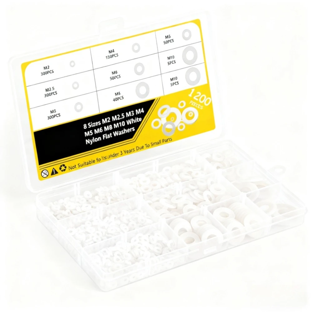 1200pcs white Nylon Flat Washer Assortment Kit M2M2.5M3M4M5M6M8M10 sealing Spacer Insulation Gasket Ring for screws ,plumbing
1200pcs white Nylon Flat Washer Assortment Kit M2M2.5M3M4M5M6M8M10 sealing Spacer Insulation Gasket Ring for screws ,plumbing