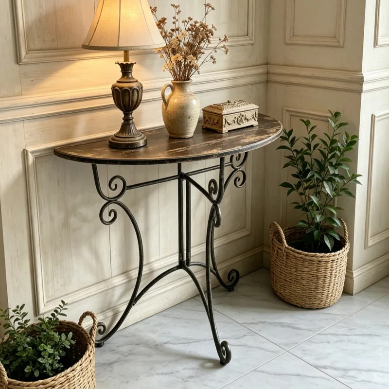 HYS American semi-round entrance table antique wrought iron shelf French retro style balcony curved old flower stand entrance
HYS American semi-round entrance table antique wrought iron shelf French retro style balcony curved old flower stand entrance