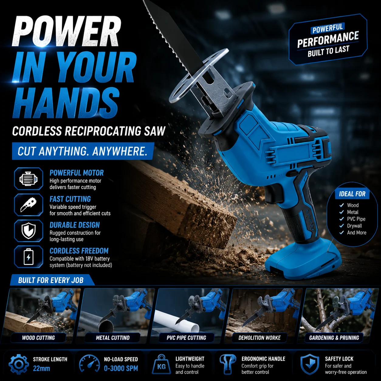 Cordless Electric Reciprocating Saw Handheld Outdoor Cutting Tool for Wood Metal Pipe Construction and DIY Projects (No Battery)
Cordless Electric Reciprocating Saw Handheld Outdoor Cutting Tool for Wood Metal Pipe Construction and DIY Projects (No Battery)
