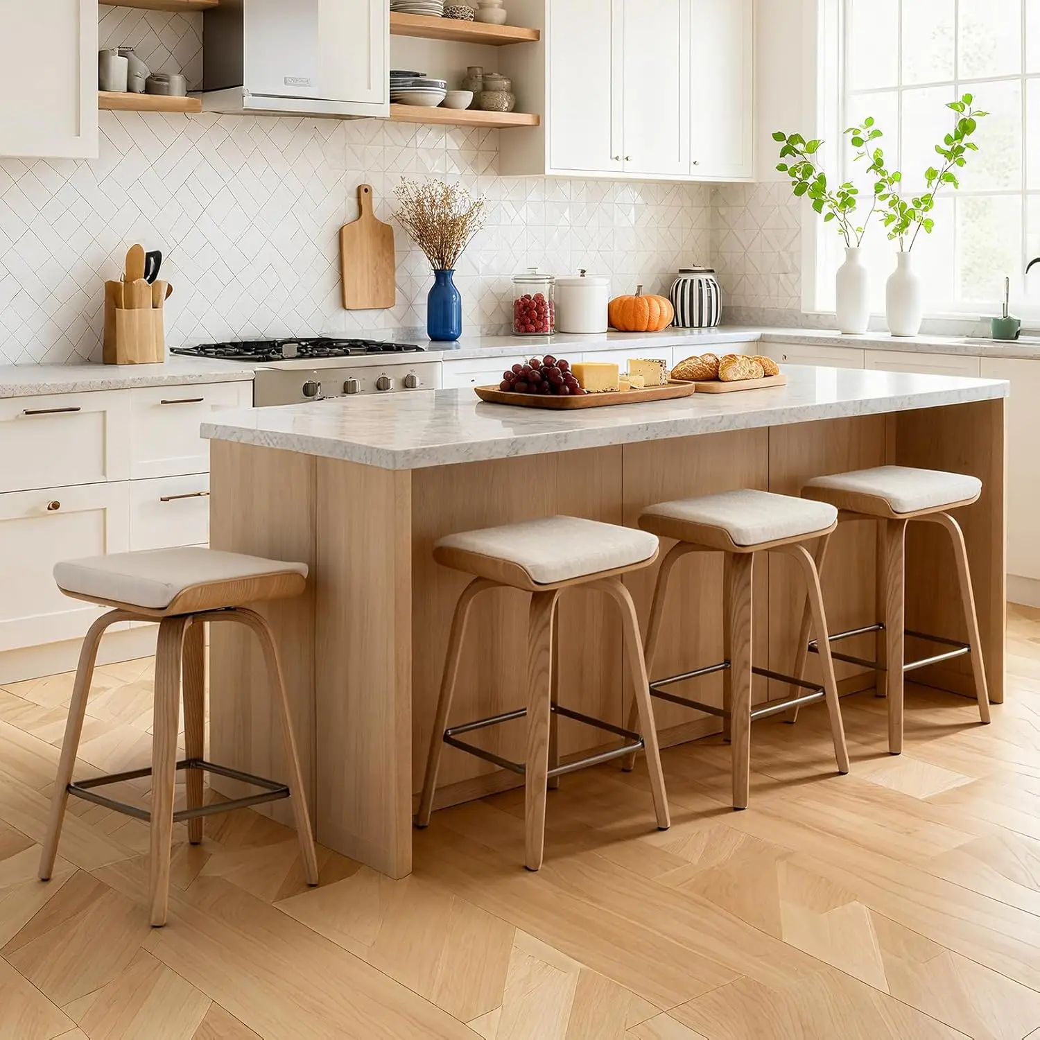 4 Modern Backless Bar Stools, 26' Counter Height, Linen Upholstered, Beige Saddle Seat, 360° Swivel, Bentwood Design
4 Modern Backless Bar Stools, 26' Counter Height, Linen Upholstered, Beige Saddle Seat, 360° Swivel, Bentwood Design