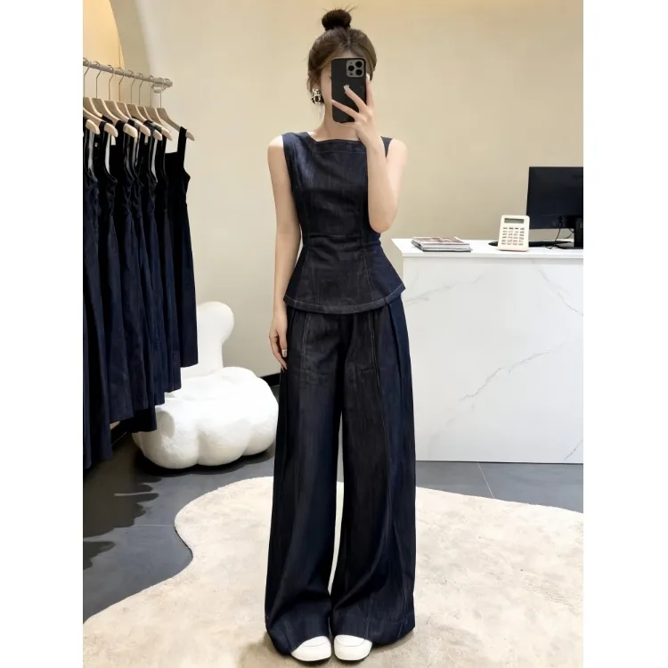 Summer Fashion Set Belted Waistless Sleeveless Denim Top Wide Leg Pants Anti Aging Ensemble Women's Chic Workwear Breathable
Summer Fashion Set Belted Waistless Sleeveless Denim Top Wide Leg Pants Anti Aging Ensemble Women's Chic Workwear Breathable