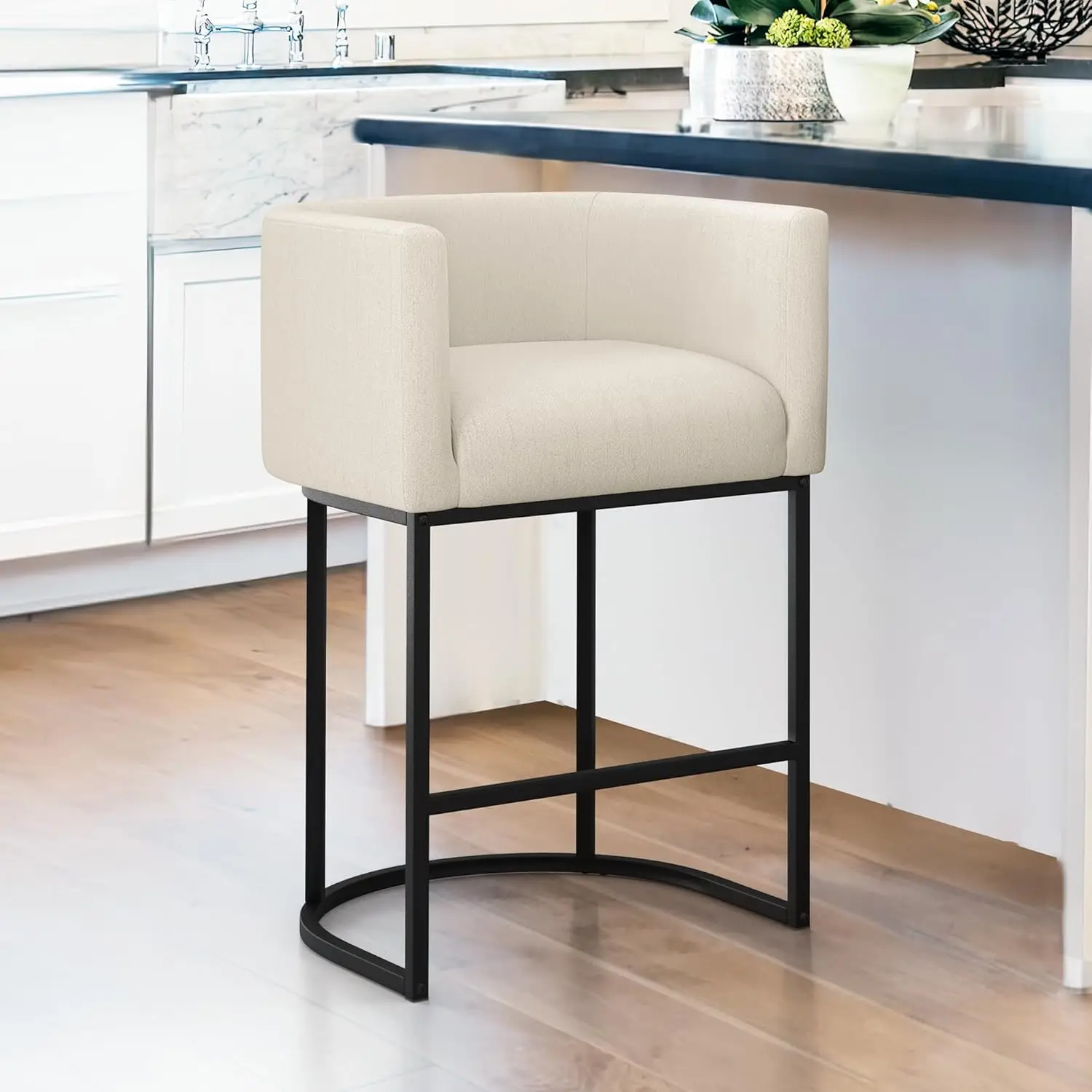 27" H Counter Height Bar Stools, Modern Barrel Counter Stools with Backrest and Arms, Black Metal Frames, Linen Fabric Uphols
27" H Counter Height Bar Stools, Modern Barrel Counter Stools with Backrest and Arms, Black Metal Frames, Linen Fabric Uphols