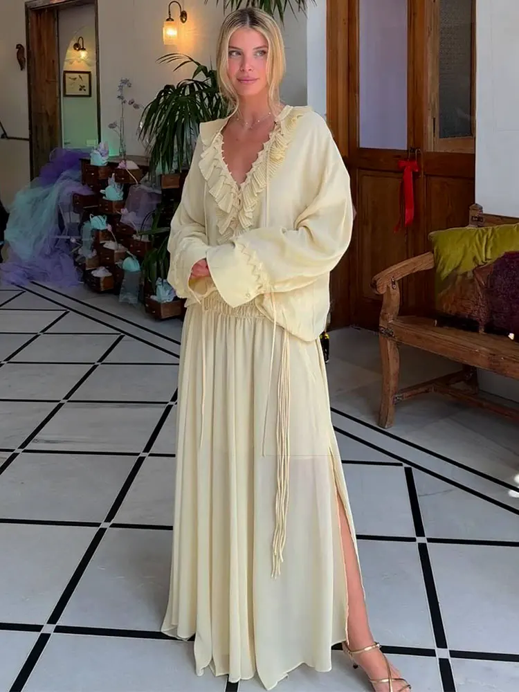 GACVGA Elegant Chiffon Lace Up Two Piece Skirt Set Women Ruffle Flare Sleeve Loose Shirts and Drawstring Pleated Long Skirt
GACVGA Elegant Chiffon Lace Up Two Piece Skirt Set Women Ruffle Flare Sleeve Loose Shirts and Drawstring Pleated Long Skirt