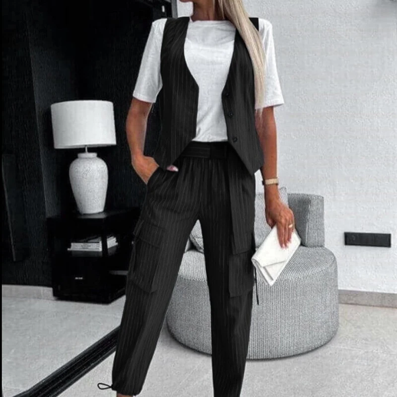 Elegant V Neck Sleeveless Vest+Pocket Long Pant Outfits Women Striped Print High Street Set Fashion Temperament Commute Slim Set
Elegant V Neck Sleeveless Vest+Pocket Long Pant Outfits Women Striped Print High Street Set Fashion Temperament Commute Slim Set