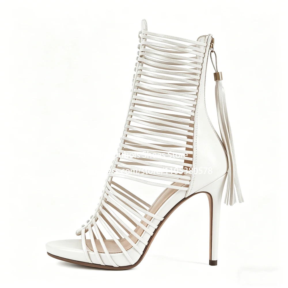 Faux Leather Tassel Strappy High Heel Gladiator Sandals Sexy Round Toe Back Zipper Stilettos Ankle Sandals Boots for Women
Faux Leather Tassel Strappy High Heel Gladiator Sandals Sexy Round Toe Back Zipper Stilettos Ankle Sandals Boots for Women