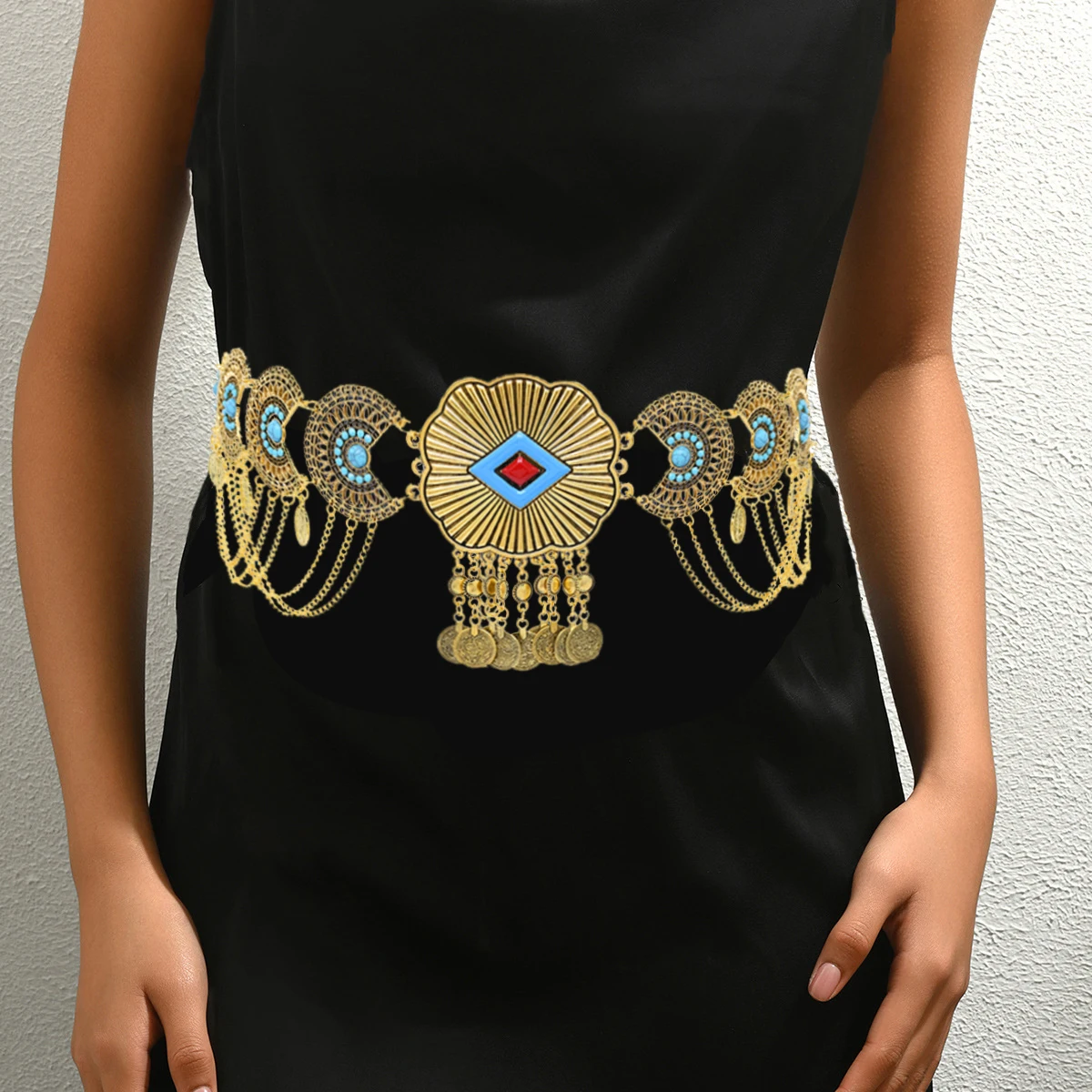 Arabic exotic style inlaid imitation turquoise hollowed-out coin tassel women's waist-cinching waist chain dress accessory
Arabic exotic style inlaid imitation turquoise hollowed-out coin tassel women's waist-cinching waist chain dress accessory
