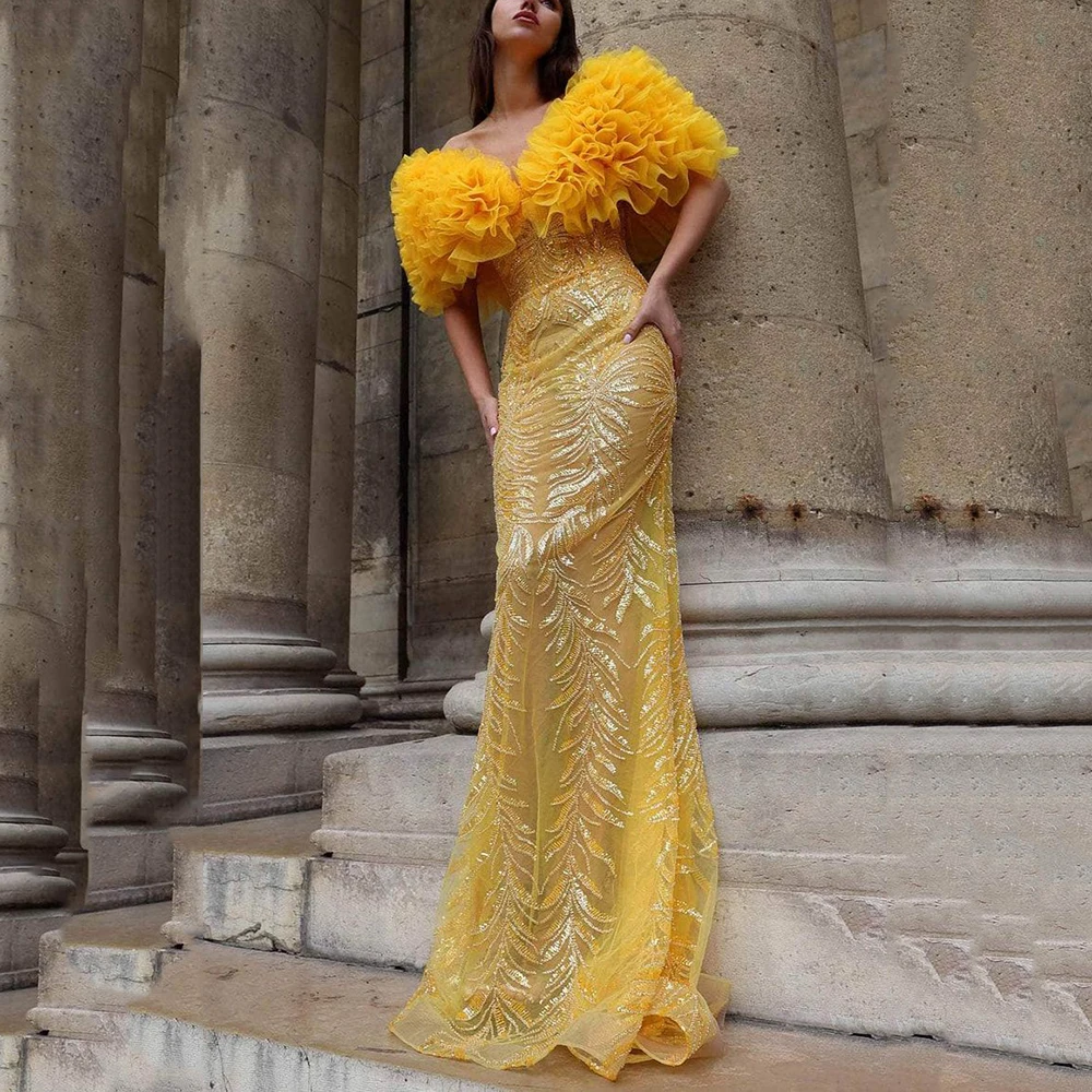 Exquisite Golden Evening Dresses V-neck Off the Shoulder Sleeves A-line Floor Length Sequined Fashion Women Banquet Prom Gowns
Exquisite Golden Evening Dresses V-neck Off the Shoulder Sleeves A-line Floor Length Sequined Fashion Women Banquet Prom Gowns
