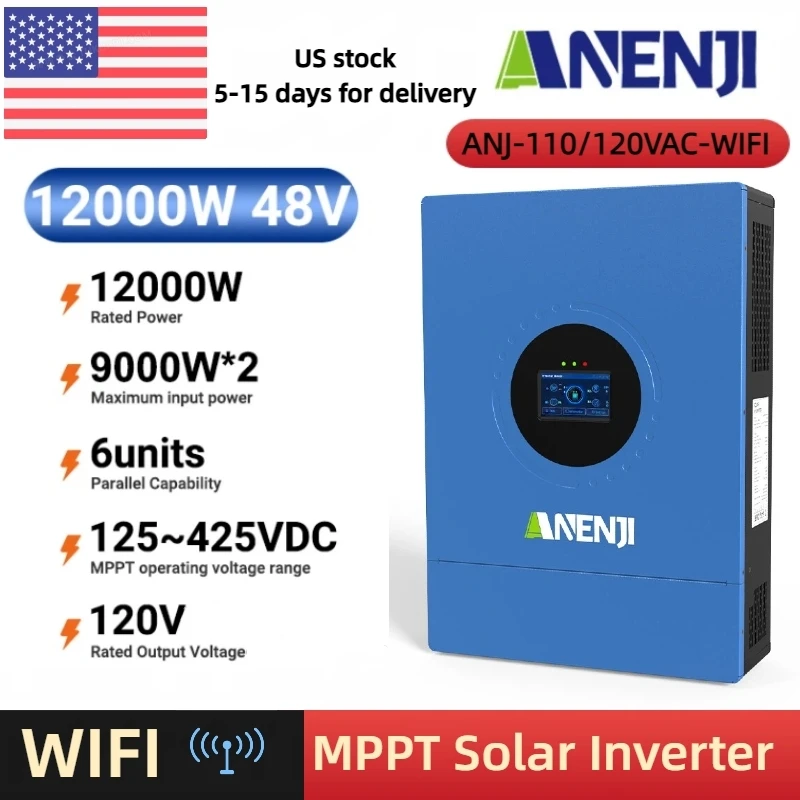 Гибридный солнечный инвертор ANENJI US Standard 110-120V, 12 кВт, 48 В, с чистой синусоидой, встроенным MPPT контроллером заряда 200А.
Гибридный солнечный инвертор ANENJI US Standard 110-120V, 12 кВт, 48 В, с чистой синусоидой, встроенным MPPT контроллером заряда 200А.