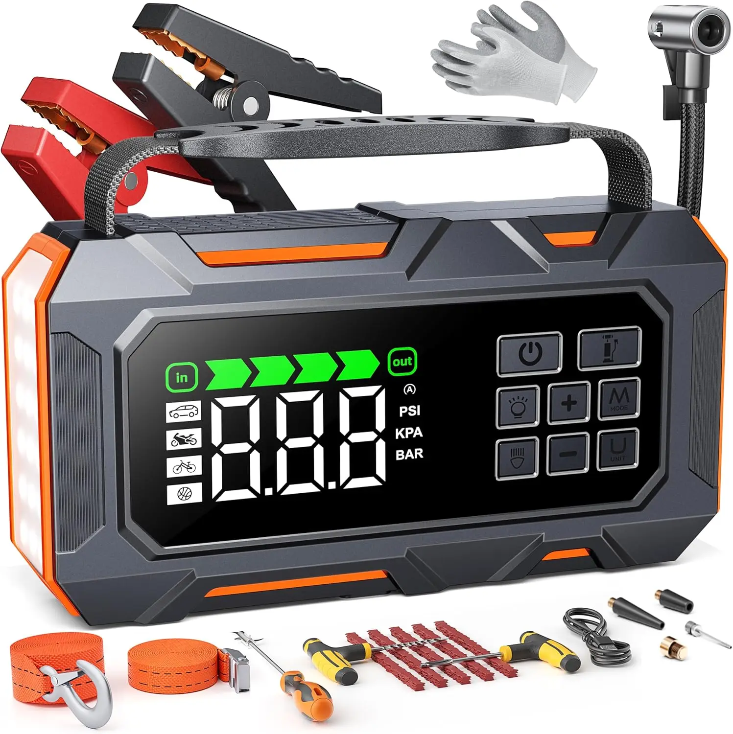 8000A Jump Starter with Air Compressor 160PSI, Tire Inflator, 16-in-1 Emergency Kit for All Gas & 12L Diesel
8000A Jump Starter with Air Compressor 160PSI, Tire Inflator, 16-in-1 Emergency Kit for All Gas & 12L Diesel