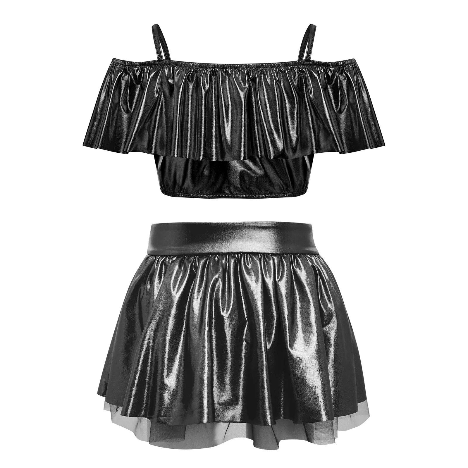 Kids Girls Ballet Dance Performance Outfit Off Shoulder Spaghetti Straps Metallic Ruffles Crop Top with Shiny Tutu Skirt
Kids Girls Ballet Dance Performance Outfit Off Shoulder Spaghetti Straps Metallic Ruffles Crop Top with Shiny Tutu Skirt